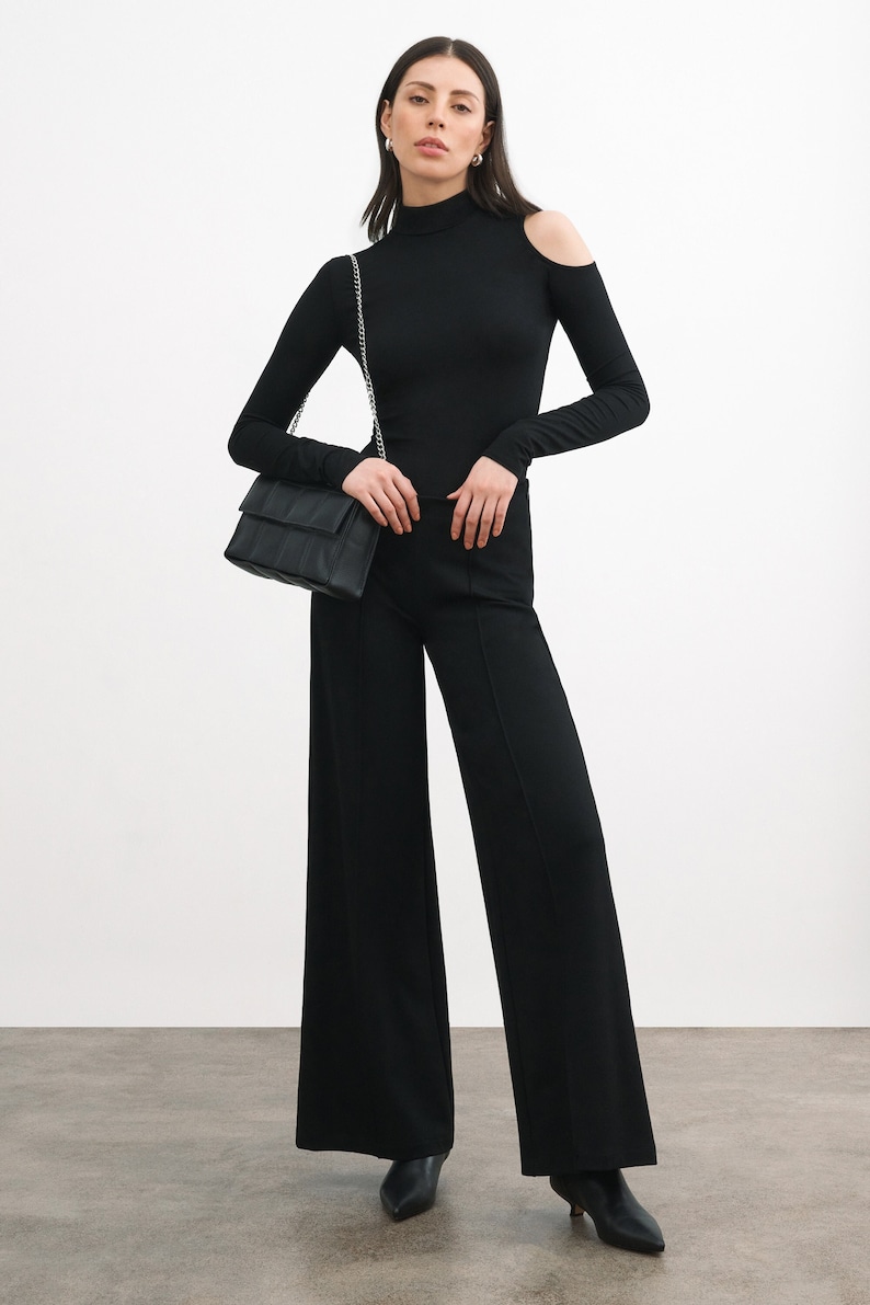 Black Wide Leg Pants, Stylish Casual Pants with Stretch, Sleek Trousers, Flared Leg Pants, Elegant Pants, Gina Pant, Marcella MP2136 Black 01-C