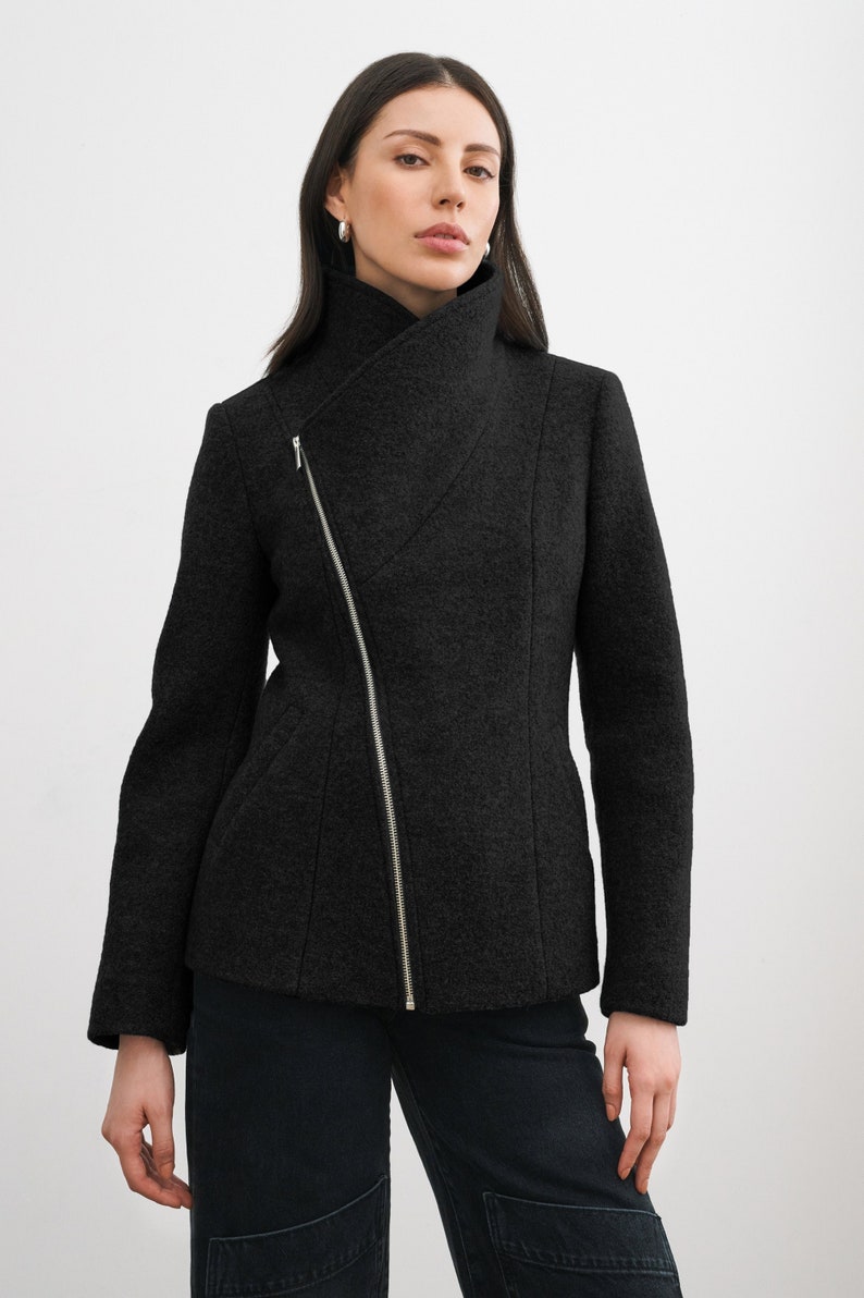 Grey Wool Jacket, Wool Coat, High Collar Jacket, Winter Coat, Wool Jacket, Asymmetric Zip Up Coat, Essex Coat, Marcella MC2117 Black 01-R