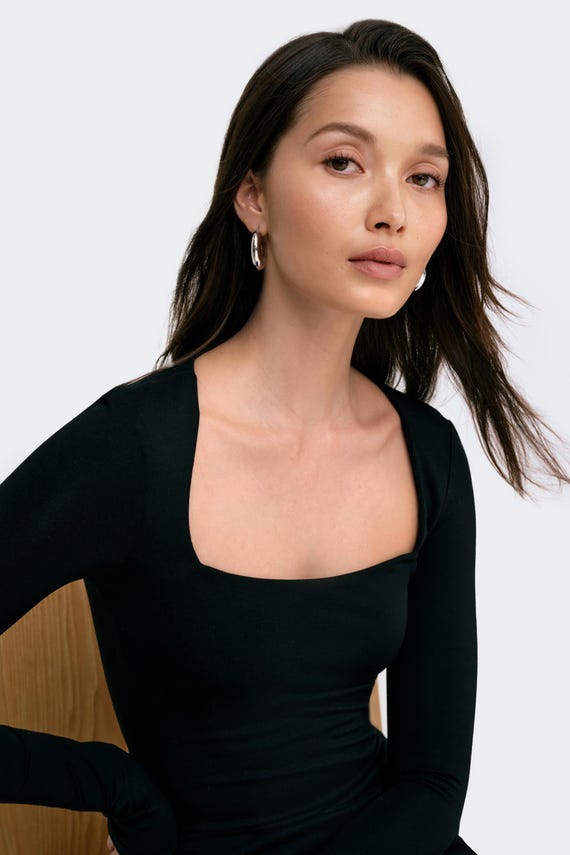 Black Square Neck Blouse, Extra Long Sleeve Top, Elegant Fitted Top, Low  Cut Neckline Top, Cocktail Top, Yvonne Blouse, Marcella - MB0361 - Etsy  Canada