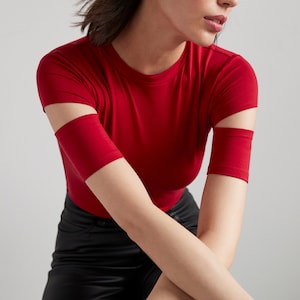 Cutout Top, Fitted Top, Cut Out Sleeves, Slit Sleeves, Crew Neck Tee, Stretchy Top, Short Sleeve Tee, Esme Top, Marcella MB1443 image 6