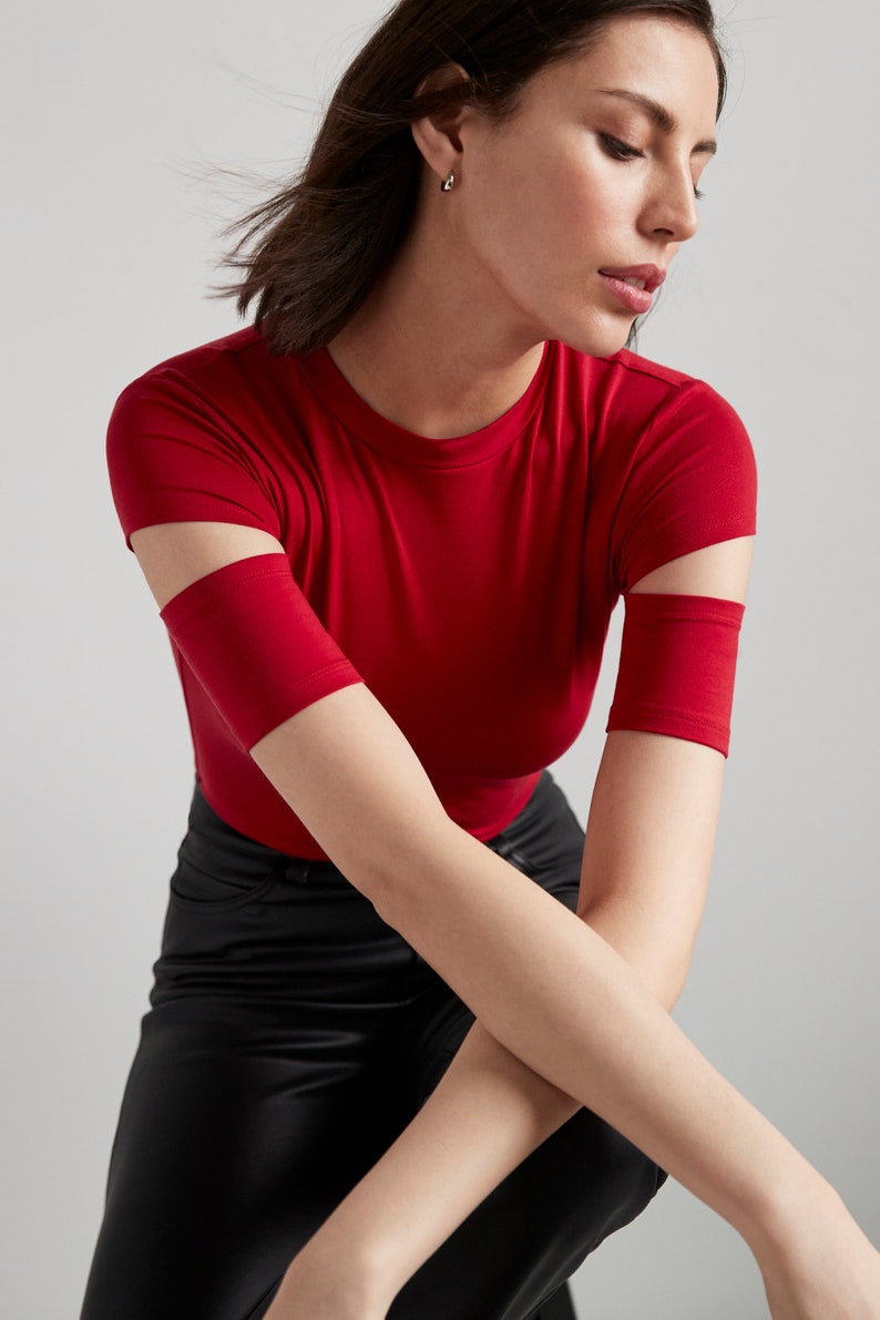 Cutout Top, Fitted Top, Cut Out Sleeves, Slit Sleeves, Crew Neck Tee, Stretchy Top, Short Sleeve Tee, Esme Top, Marcella MB1443 image 6