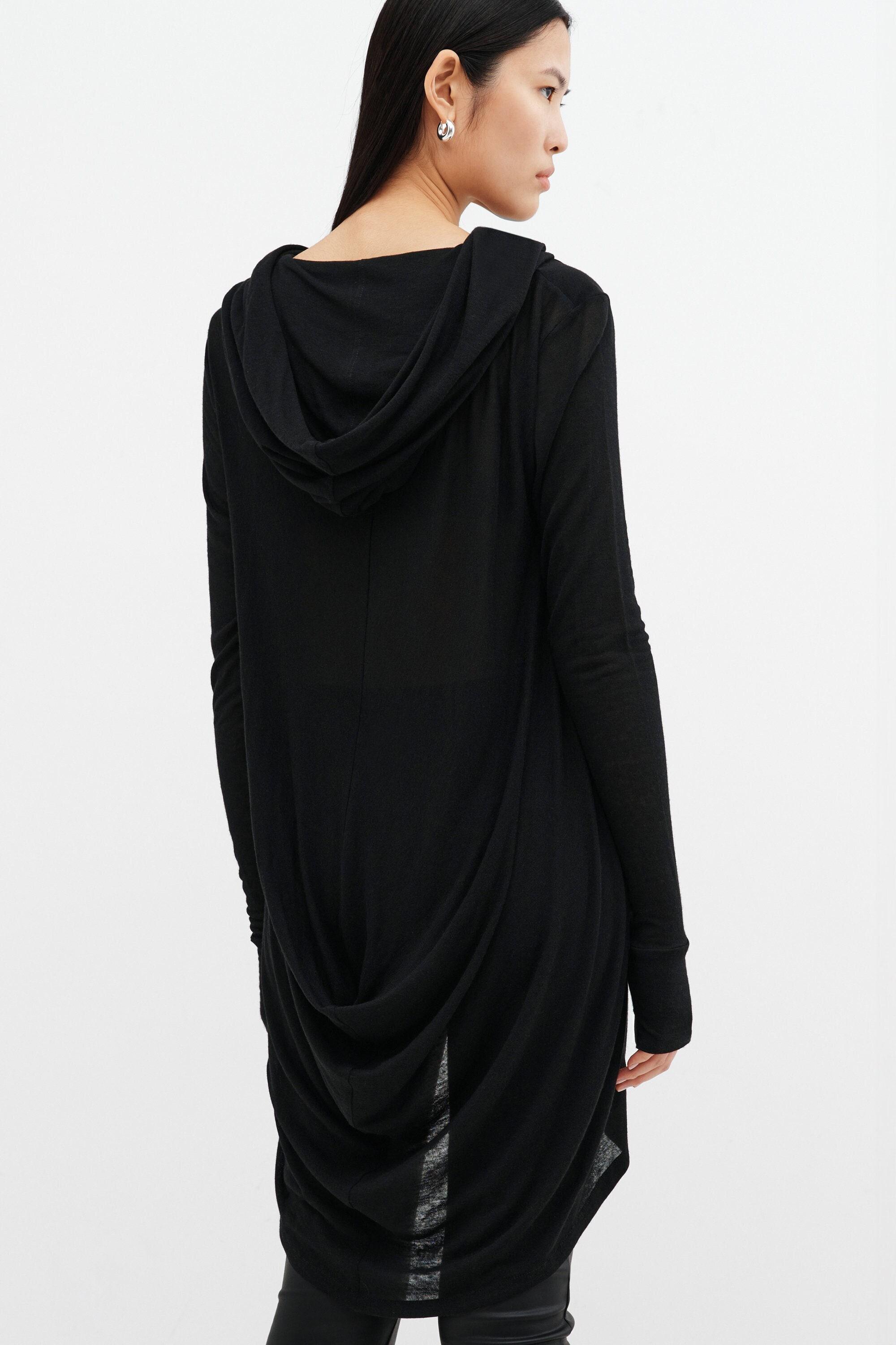 Black Draped Oversized Tunic, Asymmetrical Hem Hoodie, Comfy