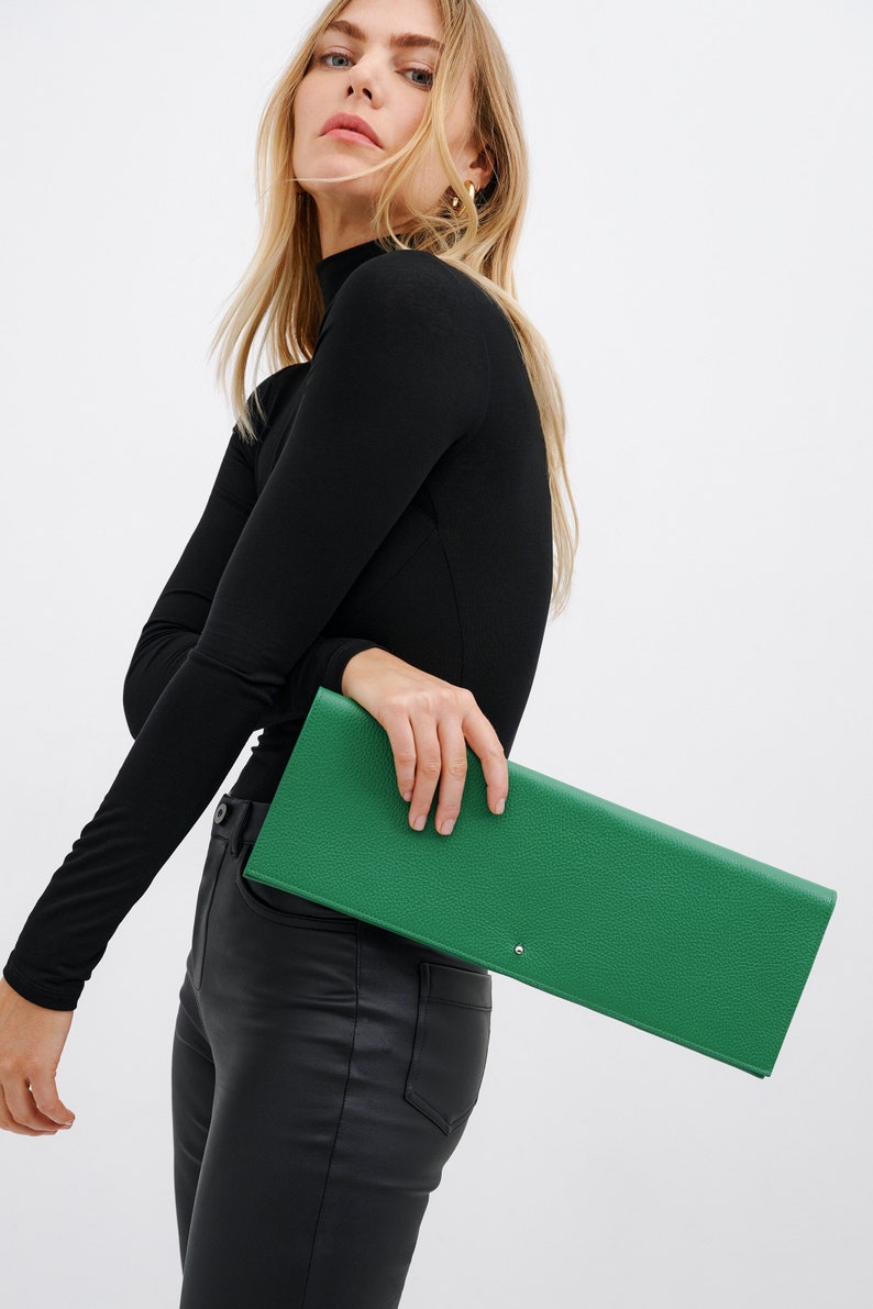 Extra-Long Cocktail Clutch, Green Leather Clutch, Evening Clutch Bag, Envelope Clutch, Slim Bag, Belle Leather Clutch, Marcella MA1089 Spring Green 150-J