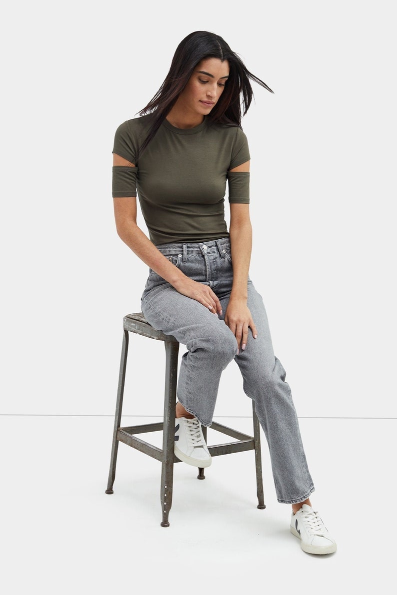 Cutout Top, Fitted Top, Cut Out Sleeves, Slit Sleeves, Crew Neck Tee, Stretchy Top, Short Sleeve Tee, Esme Top, Marcella MB1443 image 1