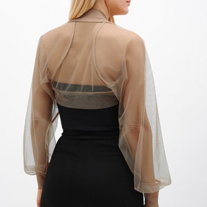 Tan Mesh Cocktail Shrug See Through Bolero, Beige Puff Sleeve Mesh Shrug, Wedding Tulle Bolero, Olympia Bolero, Marcella MC1489 image 2