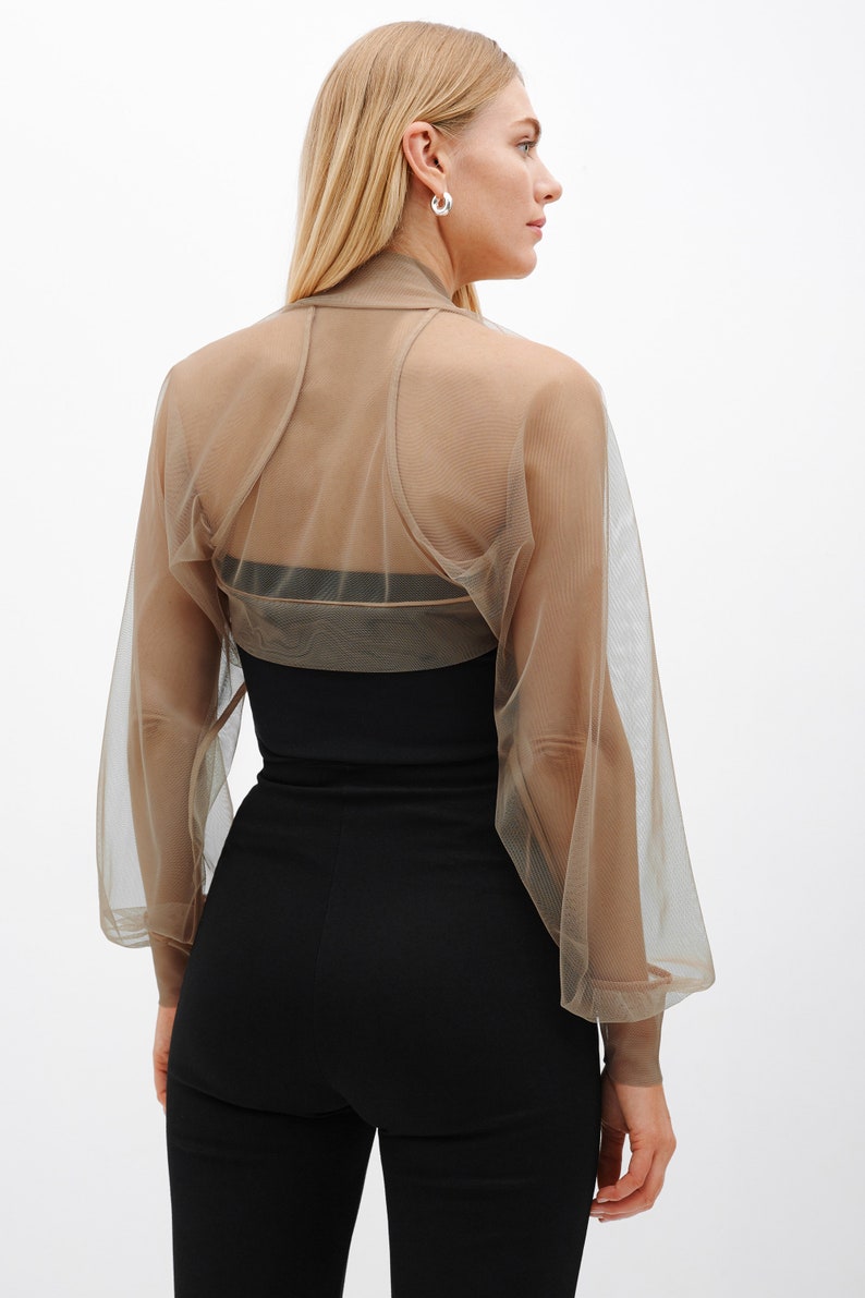 Tan Mesh Cocktail Shrug See Through Bolero, Beige Puff Sleeve Mesh Shrug, Wedding Tulle Bolero, Olympia Bolero, Marcella MC1489 image 2