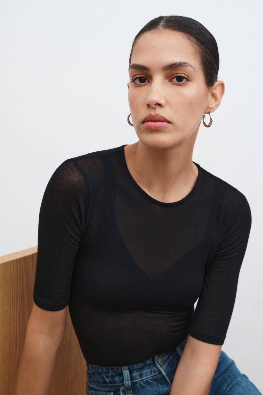 全商品オープニング価格！ T Fitted Classic Tee, Crewneck Sheer Shirt, Half Black トップス
