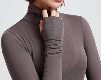 Sheer Long Sleeve Top, Extra Long Sleeves, Fitted Turtleneck