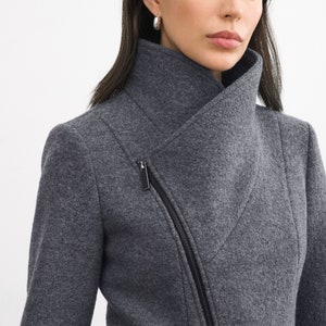 Grey Wool Jacket, Wool Coat, High Collar Jacket, Winter Coat, Wool Jacket, Asymmetric Zip Up Coat, Essex Coat, Marcella MC2117 image 3