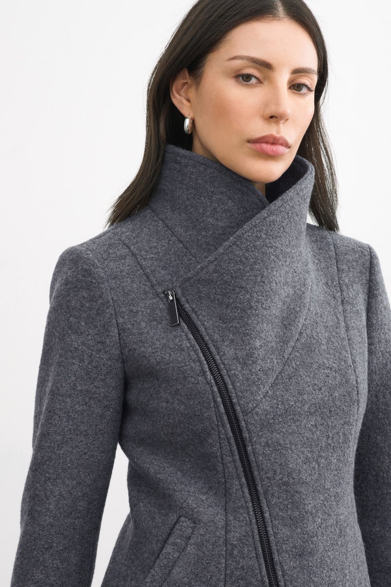 Grey Wool Jacket, Wool Coat, High Collar Jacket, Winter Coat, Wool Jacket, Asymmetric Zip Up Coat, Essex Coat, Marcella MC2117 image 3