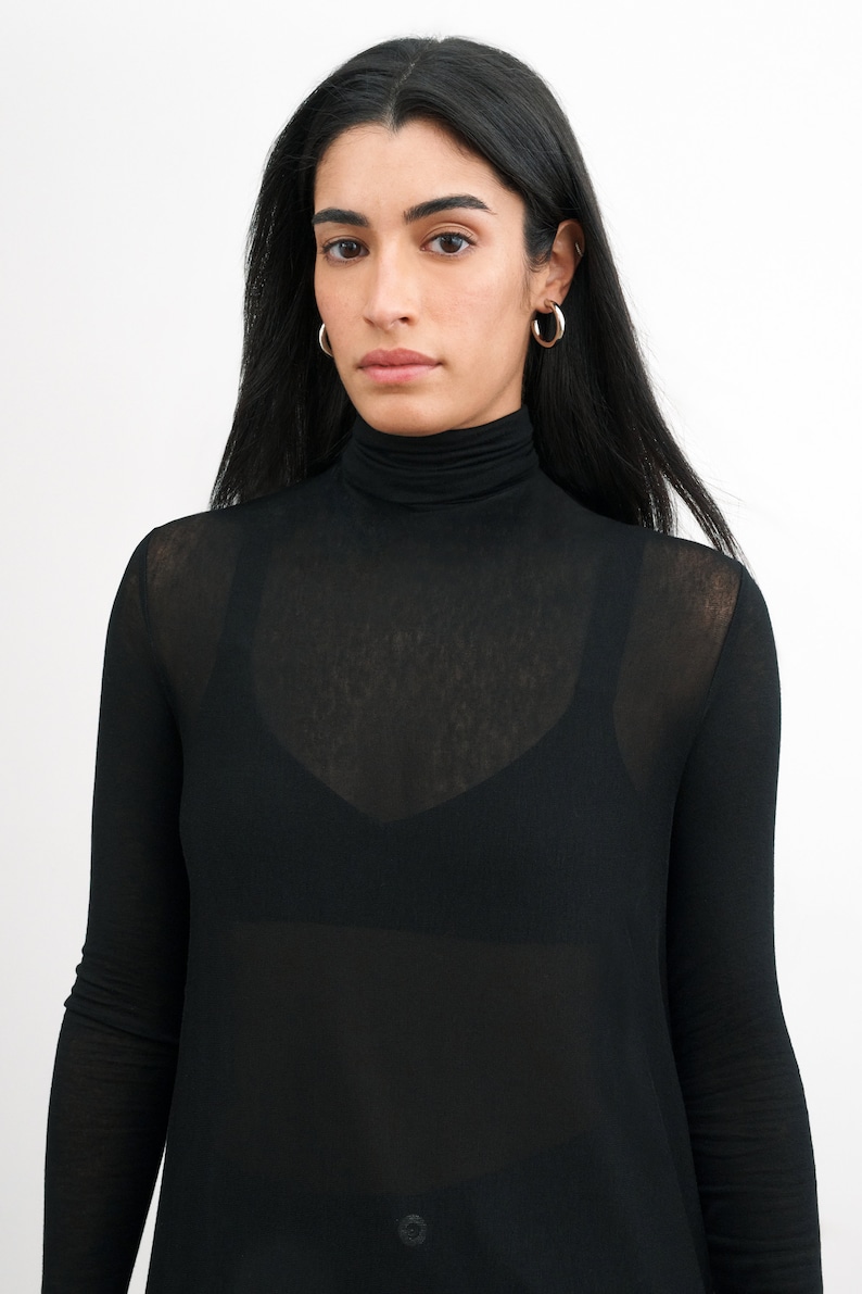 Sheer Black Asymmetric Tunic, Long Sleeve Tunic Top, Black Turtleneck Tunic, Draped High Low Tunic, Marlowe Tunic, Marcella MB2086 image 4