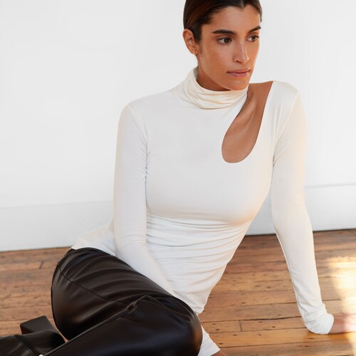 High-Neck Blouse, Cut-Out Mock Neck Top, Fitted Turtleneck Long Sleeve Top, Asymmetrical Cold Shoulder Top, Allegra Top, Marcella orders - MB0863