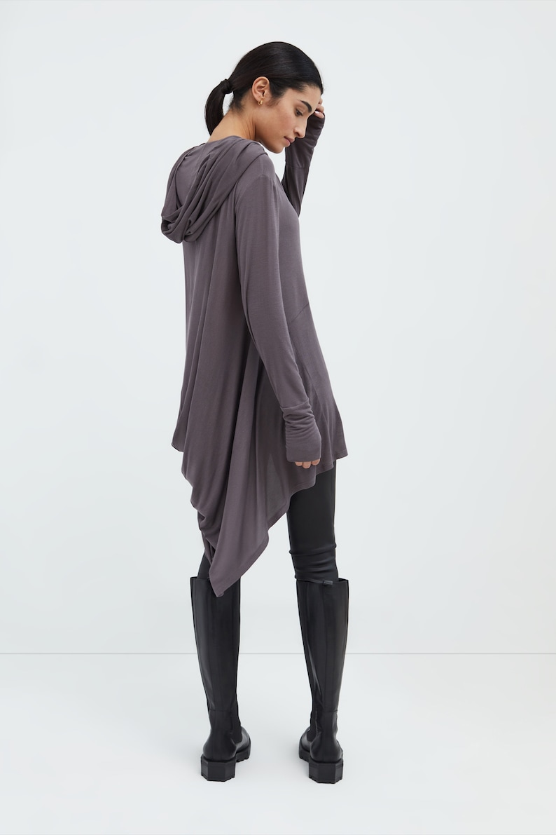 Black Draped Oversized Tunic, Asymmetrical Hem Hoodie, Comfy Cowl Neck Top, Hooded Pullover, Sheer Jersey Top, Oslo Tunic, Marcella MB1847 Anthracite 12-B