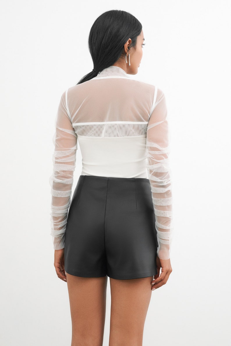 Off White Mesh Cocktail Shrug, See Through Bolero, Long Sleeve Mesh Shrug, Cropped Fitted Jacket, Madison Bolero, Marcella MC2101 image 3