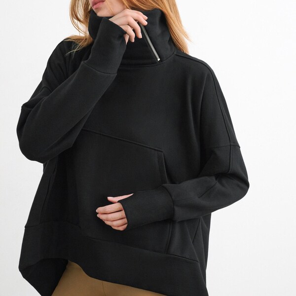 Black Oversized Sweatshirt, Oversized Sweatshirt Top, Pullover, High-Low Asymmetric Sweatshirt, Boerum Sweatshirt, Marcella - MB2099