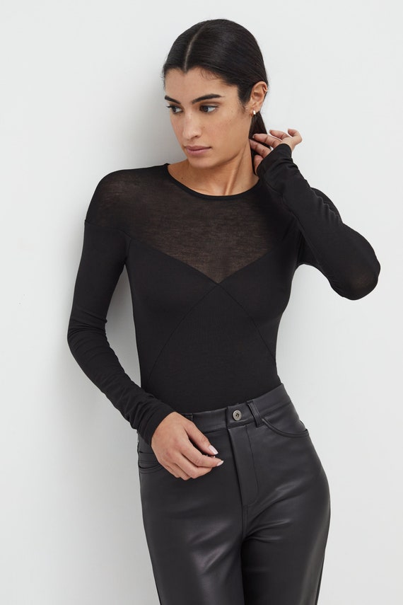 Black Sheer Sleeve Bodysuit, Long Sleeve Crewneck W Sheer Panels, Geometric  Bodysuit, Fitted Top, Lara Bodysuit, Marcella MB1917 -  Canada