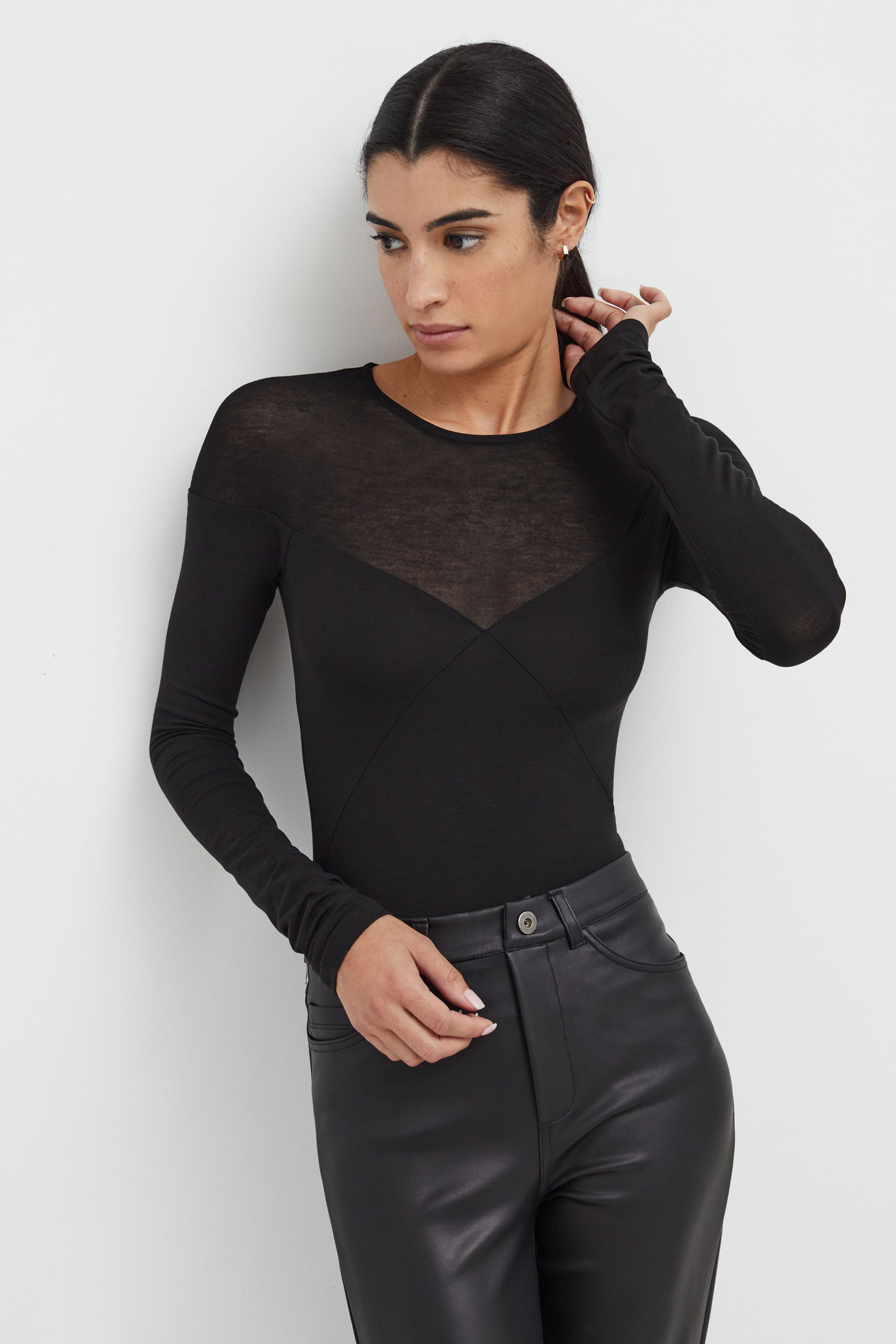 Black Sheer Sleeve Bodysuit, Long Sleeve Crewneck W Sheer Panels