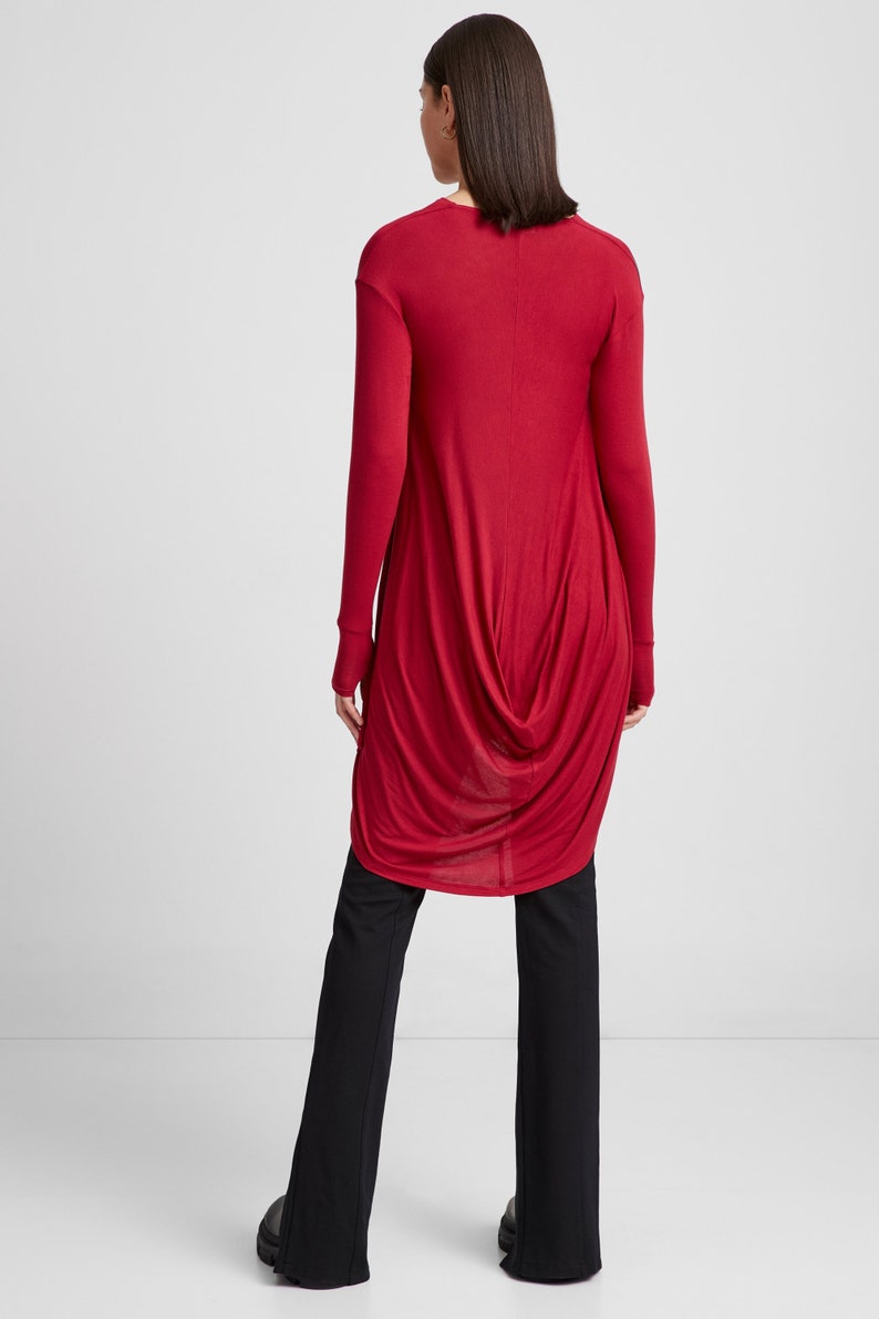 Red Long Draped Back Tunic, Casual Asymmetric Long Top, Cowl Neck Tunic, Sheer Tunic, Off-Shoulder Tunic, Yorkville Tunic, Marcella MB2020 Red 20-B