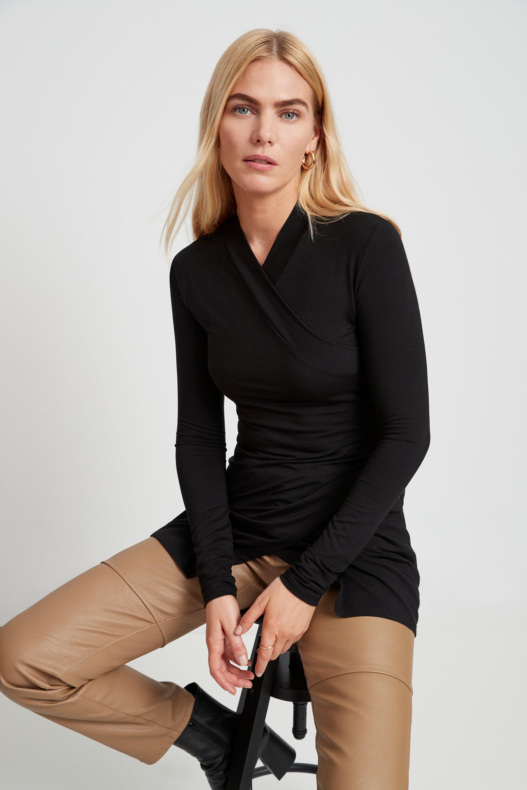 売れ筋商品|||ヴィンスカムート カットソー トップス レディース Women's Faux-Wrap Long-Sleeve Top Rich Black Vince Womens Long Sleeve Fixed Wrap Top, Black, Xx-Small at