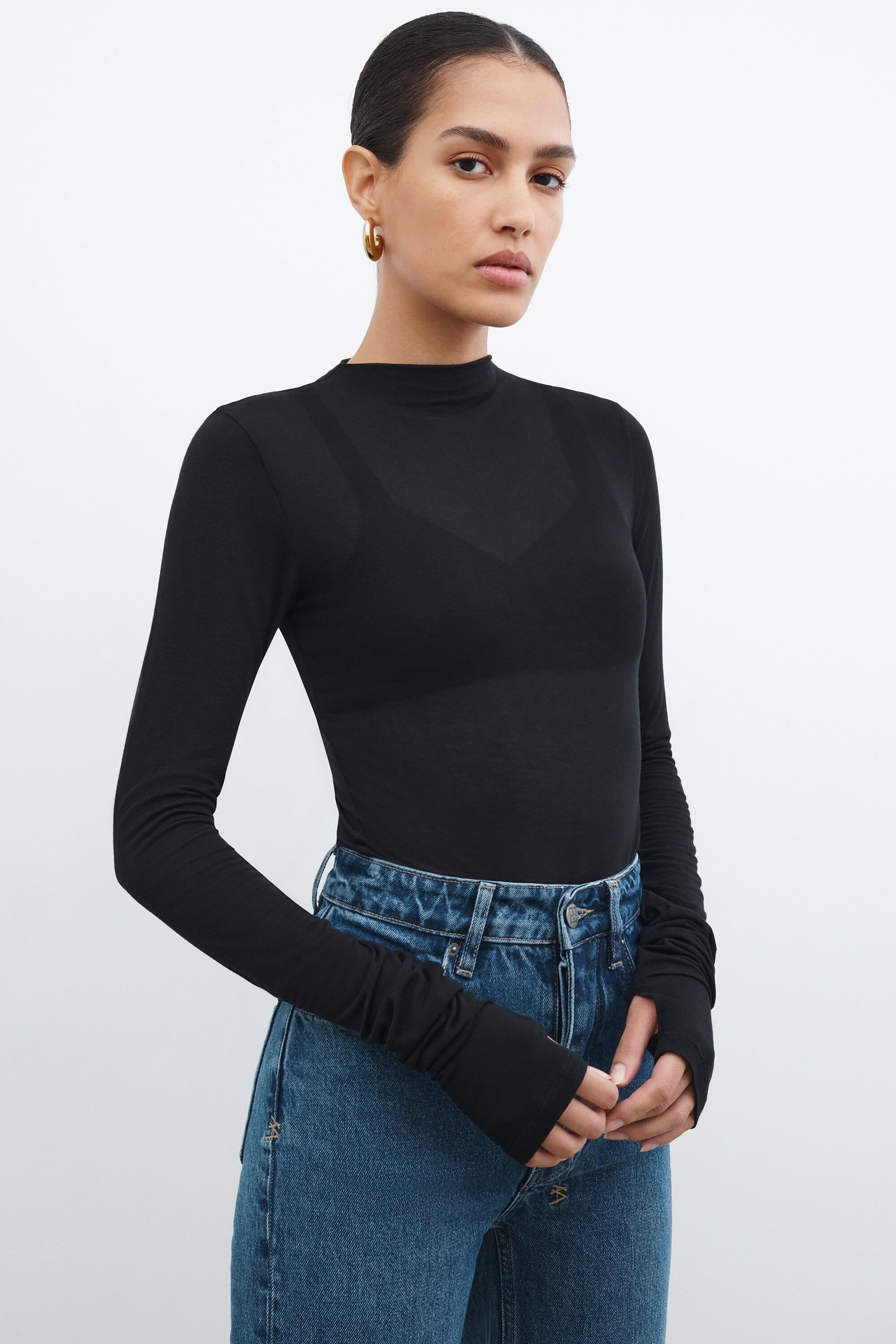 ●FLARE UP● Turtleneck Long Sleeve FL136White FL-136_White Sheer Turtleneck Top, Long Sleeve Fitted Blouse, Mock Neck
