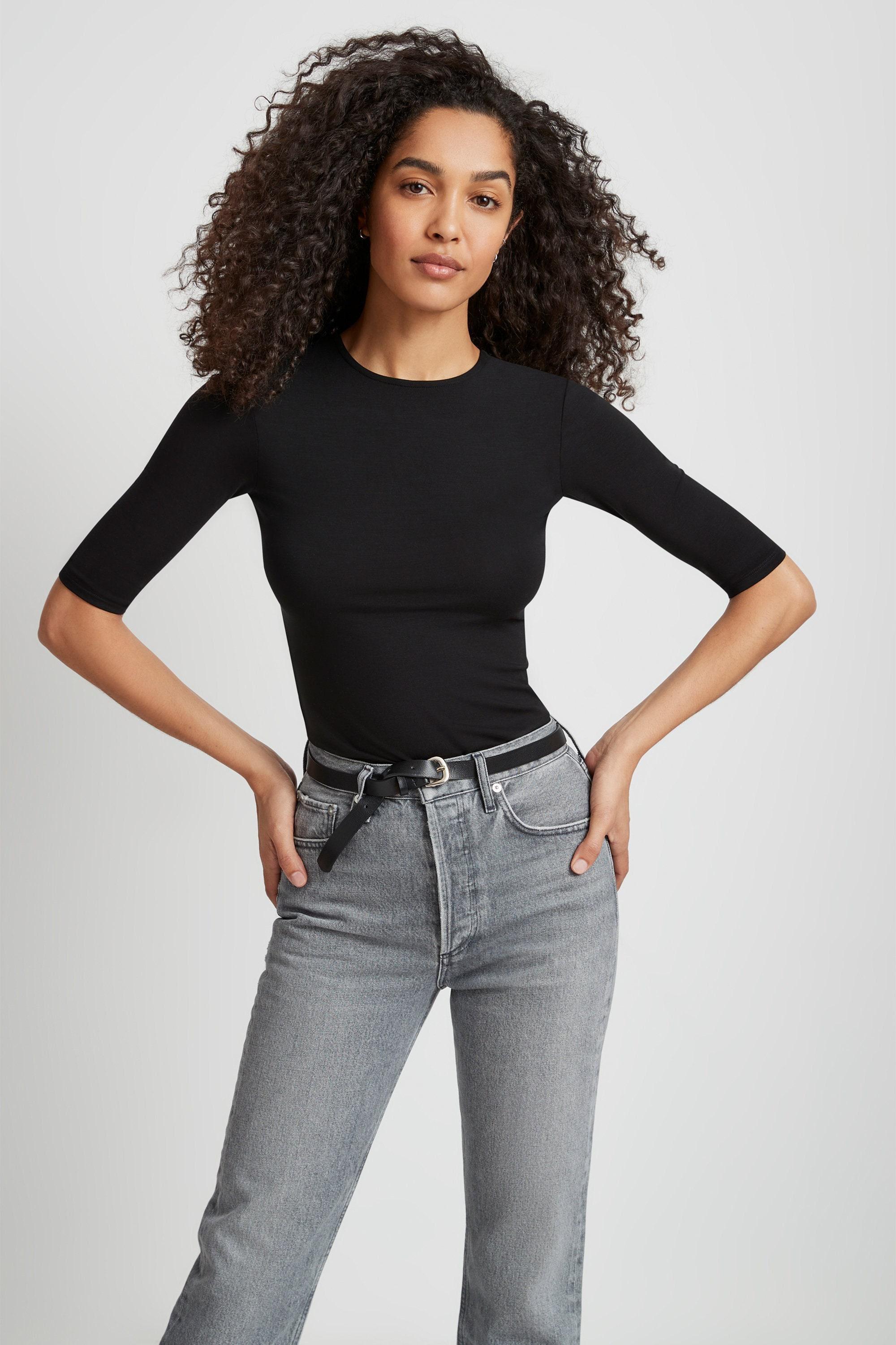 Crew Neck Tee, Classic Fitted T Shirt, Black Short Sleeve