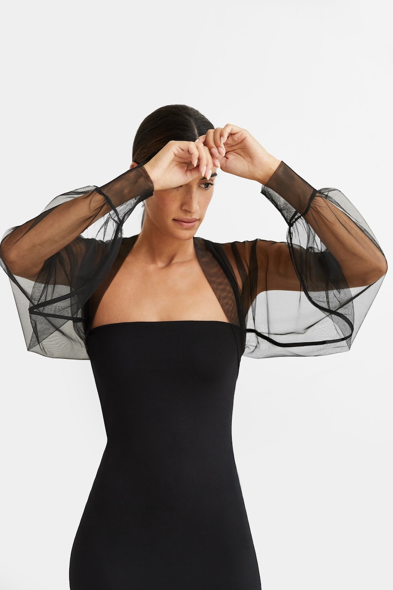 Zwarte Mesh Bolero, See Through Cover Up, Pure Bolero, Puff Sleeved Mesh Bolero, Cover Up, Tulle Bolero, Olympia Bolero, Marcella MC1489 afbeelding 1