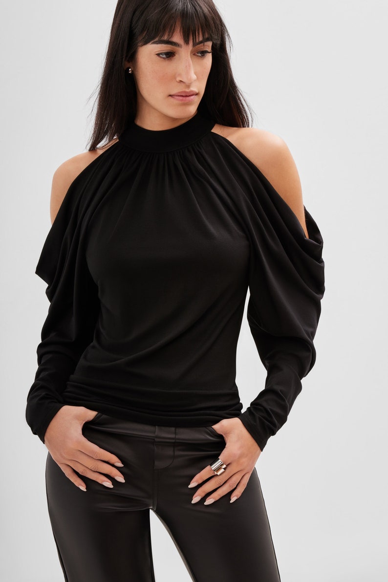 Black Cold Shoulder Blouse, Black Cutout Top, Long Sleeve Top, Fitted Top, Puff Sleeve Top, Perry Cold Shoulder Top, Marcella MB1962 image 1