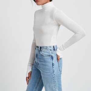 Sheer Fitted Turtleneck Top with Thumbholes, Long Sleeves, Fitted Long Sleeve Tee, Eloise Sheer Turtleneck Top, Marcella MB1735 Off White 03-B