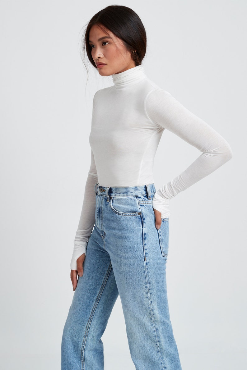 Sheer Fitted Turtleneck Top with Thumbholes, Long Sleeves, Fitted Long Sleeve Tee, Eloise Sheer Turtleneck Top, Marcella MB1735 Off White 03-B