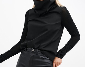 Long Sleeve High Neck Blouse, Black Turtleneck Top, Sheer Sleeve Blouse, Cotton Top with Cowl Neck, Atlantic Top, Marcella - MB2100