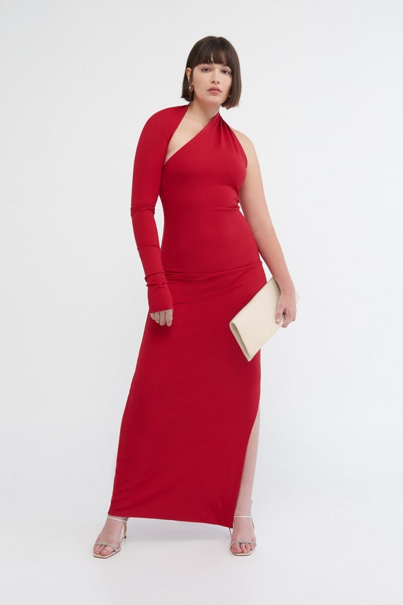 Red fitted long deals dress