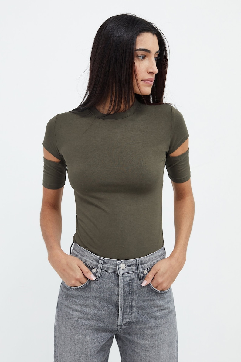 Cutout Top, Fitted Top, Cut Out Sleeves, Slit Sleeves, Crew Neck Tee, Stretchy Top, Short Sleeve Tee, Esme Top, Marcella MB1443 Olive 43-A