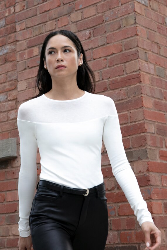 Sheer Neckline Long Sleeve Top, Two Toned Top, Sheer Collar Top 