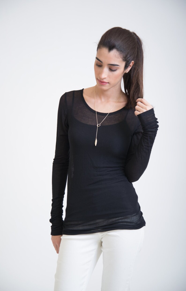 Long Sleeve Blouse Fitted Top Black Casual Top Party Top Etsy