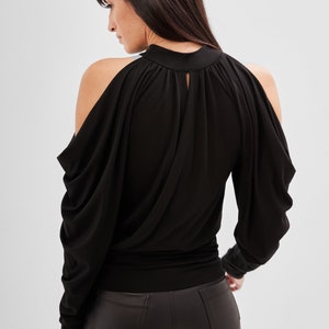 Black Cold Shoulder Blouse, Black Cutout Top, Long Sleeve Top, Fitted Top, Puff Sleeve Top, Perry Cold Shoulder Top, Marcella MB1962 image 4