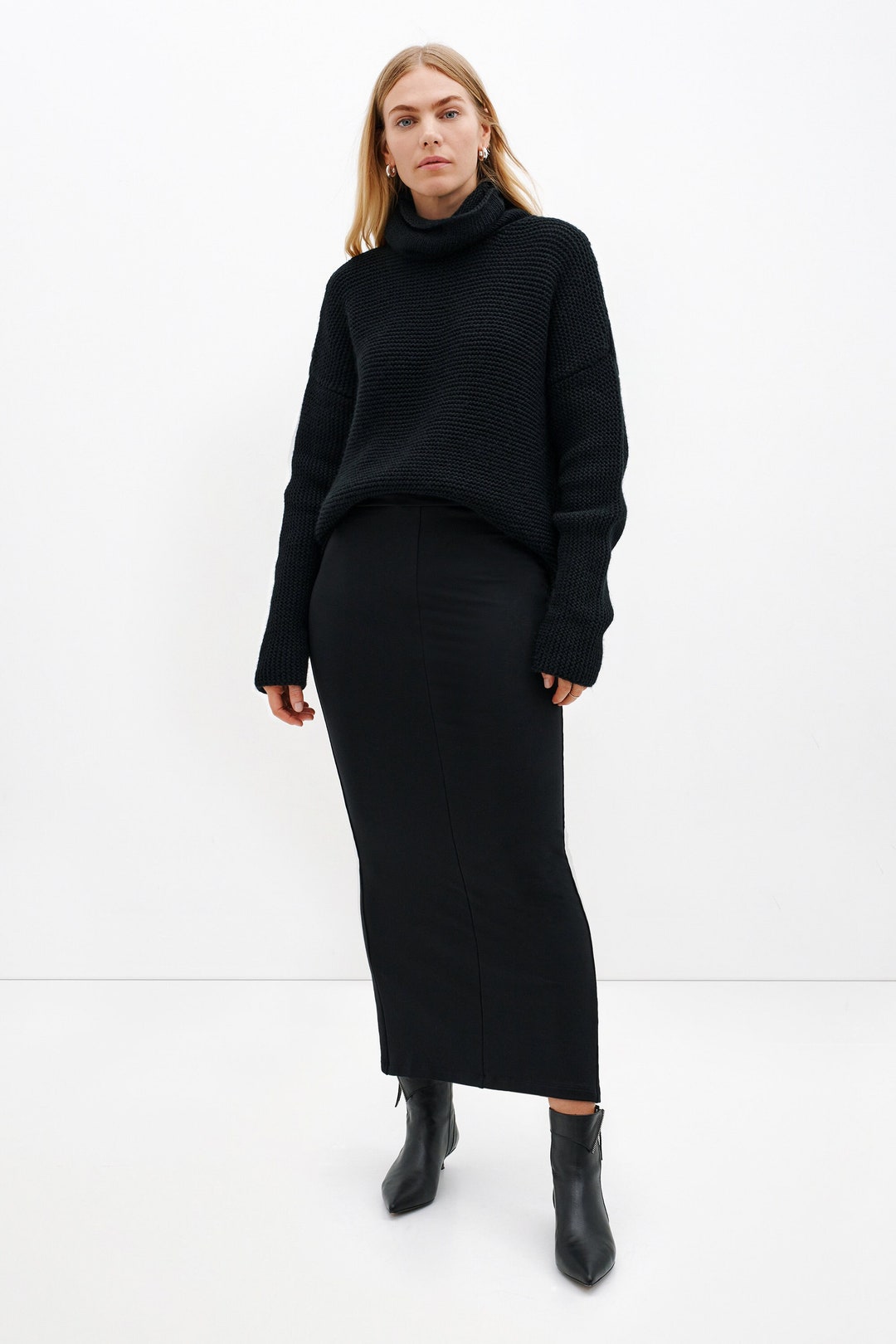 NEW Fitted Black Skirt, Black Midi Skirt, Long Pencil Skirt, Stretchy ...