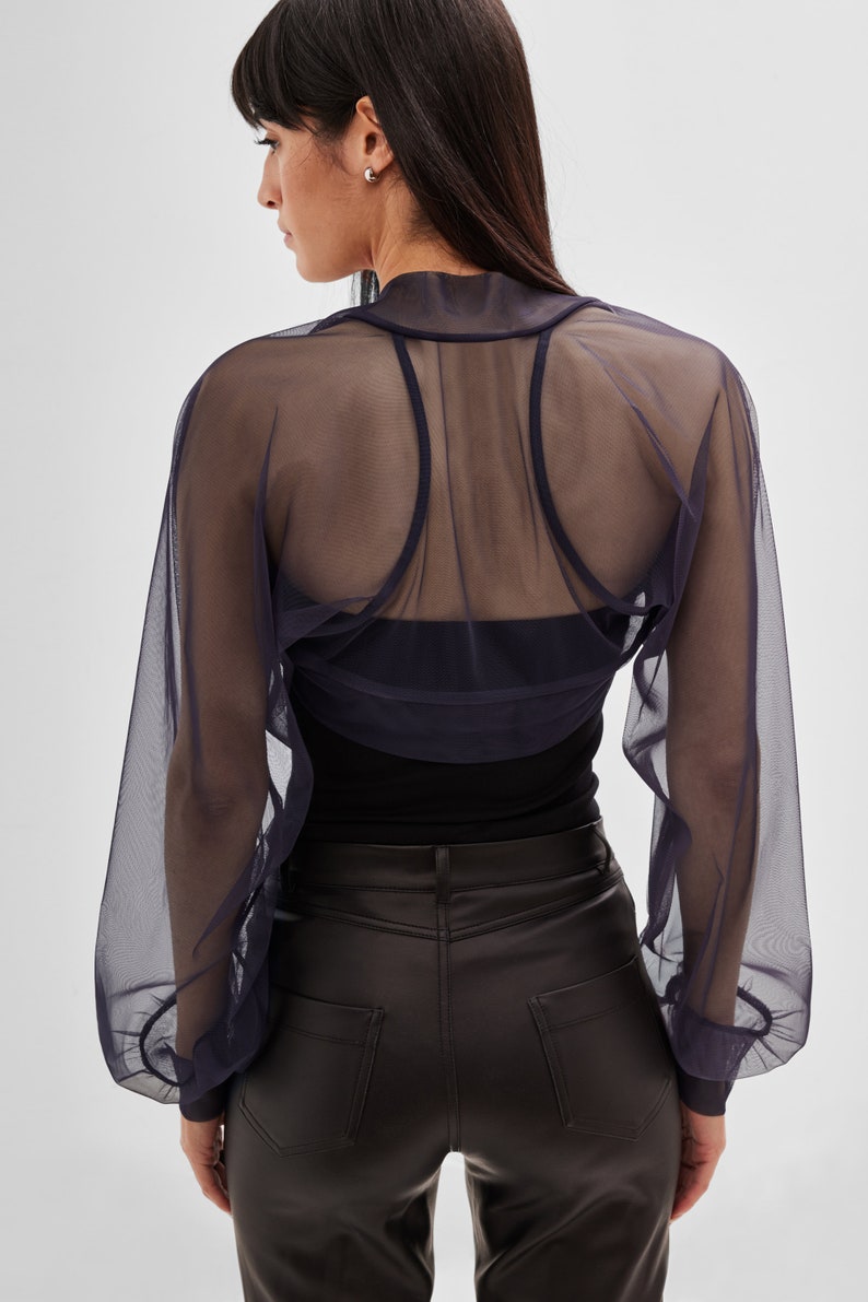 Donkerblauwe Mesh Cocktail Bolero See Through Bolero, Puff Sleeve Mesh Bolero, Wedding Tulle Bolero, Olympia Bolero, Marcella MC1489 afbeelding 2