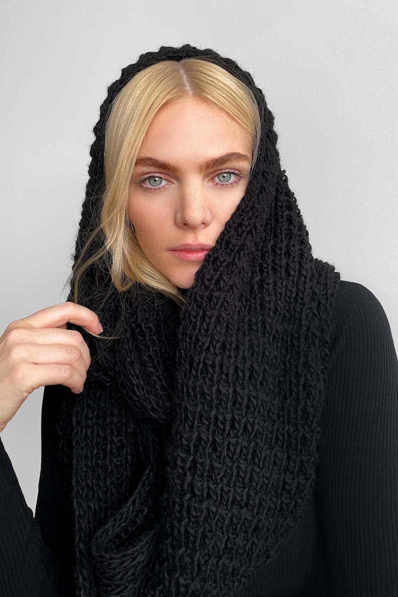 Oversized Scarf, Knit Wool Scarf, Chunky Knit Scarf, Infinity Scarf, Winter Shawl, Knit Loop Scarf, London Infinity Scarf, Marcella MA0402 Black 01-K