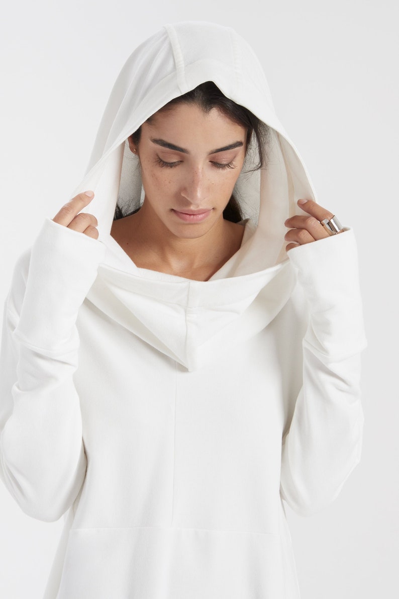 Cowl Neck Sweatshirt Hoodie Top Asymmetrical Hem Top Off White E-03