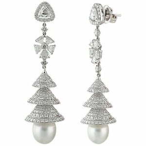 Pearl Drop Earring, Round & Trillion CZ Stone Long Dangle Earring, 925 Silver Wedding Earring For Women, Party Wear Earring, Christmas Gift