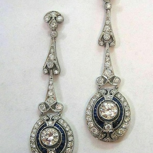 Antique Art Deco Sapphire Drop Earring, Blue Baguette & Round CZ Stone Edwardian Earring, Vintage Style Dangle Earring, Wedding Earring