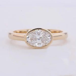 East West Oval Cut Moissanite Diamond Solitaire Ring, Yellow Gold Engagement Ring, Bezel Set Classic Wedding Ring, Daily Wear Ring For Her