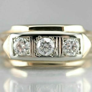 Men's Three Stone Ring, Round Cut Moissanite Diamond Men's Wedding Ring, Two Tone Gold Engagement Ring, Anniversary Gift Ring For Husband
