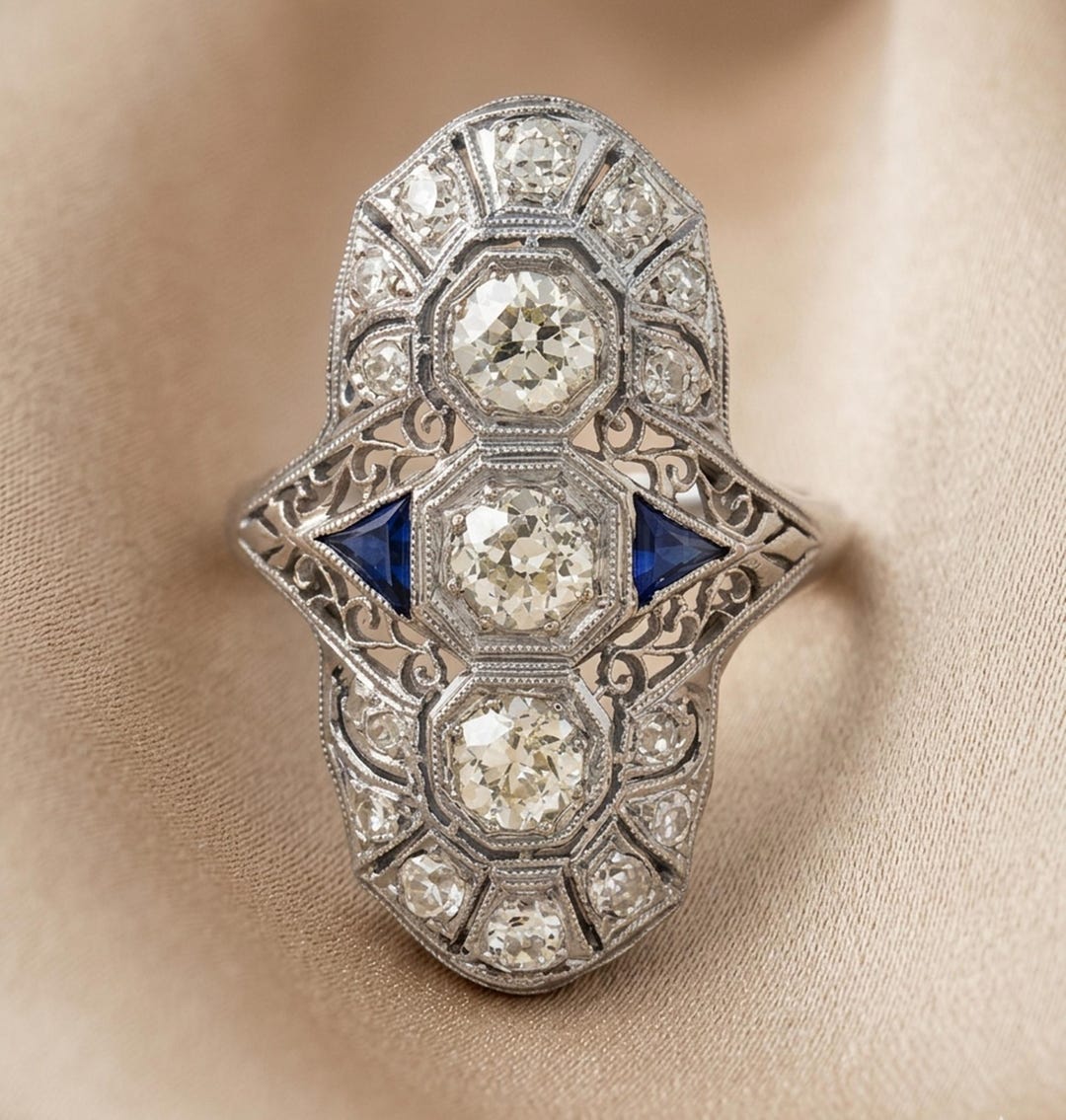 1890's Art Deco Engagement Ring, Old European Cut CZ Stone Wedding ...