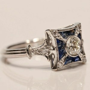 Anillo Art Déco antiguo para mujer, anillo de compromiso con zafiro baguette y circonita cúbica de corte europeo antiguo, anillo eduardiano de estilo vintage, regalo de aniversario.