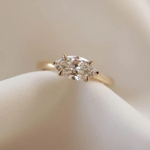 Classic Solitaire Engagement Ring, East West Marquise Moissanite Diamond Solitaire Ring, Yellow Gold Daily Wear Ring, Wedding Promise Ring