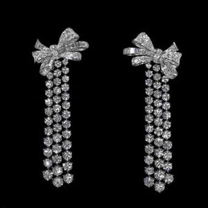 Ribbon Bow Dangle Earring, Round & Baguette CZ Stone Push Back Drop Earring, 925 Silver Wedding Bridal Earring, Women&#39;s Party Wear Earring
