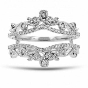 Milgrain Art Deco Enhancer Band, Round Cut Moissanite Diamond Vintage Style Band, Open Stacked Band Ring, Enhancer Guard Wedding Band Ring