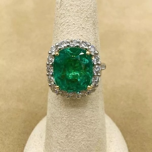 Halo Engagement Ring, Green Cushion Cut CZ Stone Woman&#39;s Ring, Two Tone Gold Wedding Ring, Gemstone Ring For Her, Anniversary Gift Ring