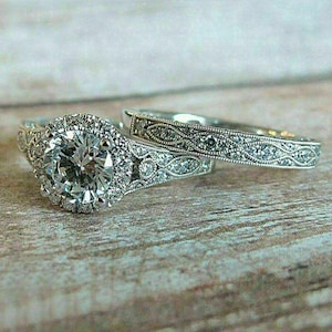 Art Deco Wedding Ring Set, Round Cut Moissanite Diamond Bridal Ring Set, Antique Engagement Ring Set, Milgrain Set Vintage Inspire Ring Set